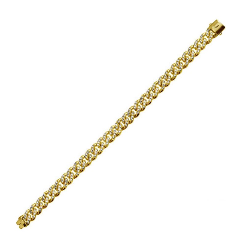 Mens Encrusted Miami Cuban Link Plain Lock Bracelet - (Sterling Silver)