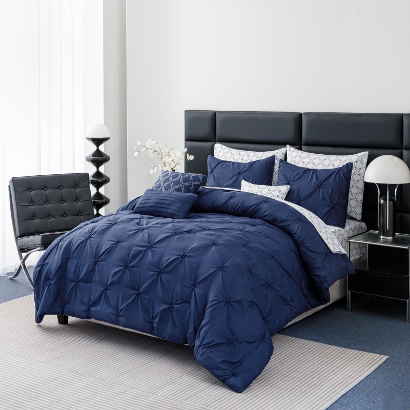 Full Navy 10Pc Pintuck Bed In A Bag Set