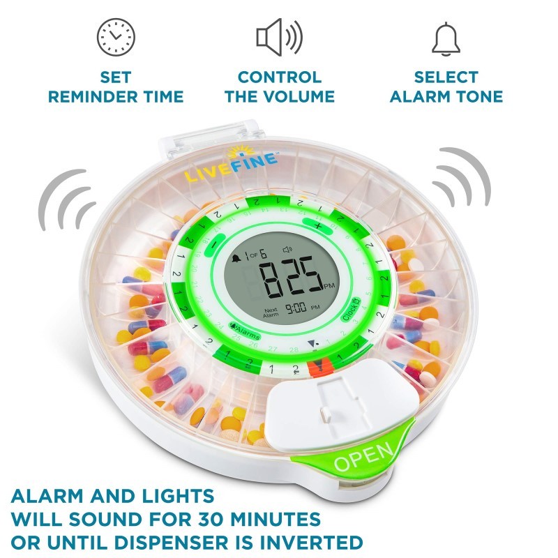 28-Day Automatic Pill Dispenser with Upgraded LCD Display, Sound & Light - Clear Lid