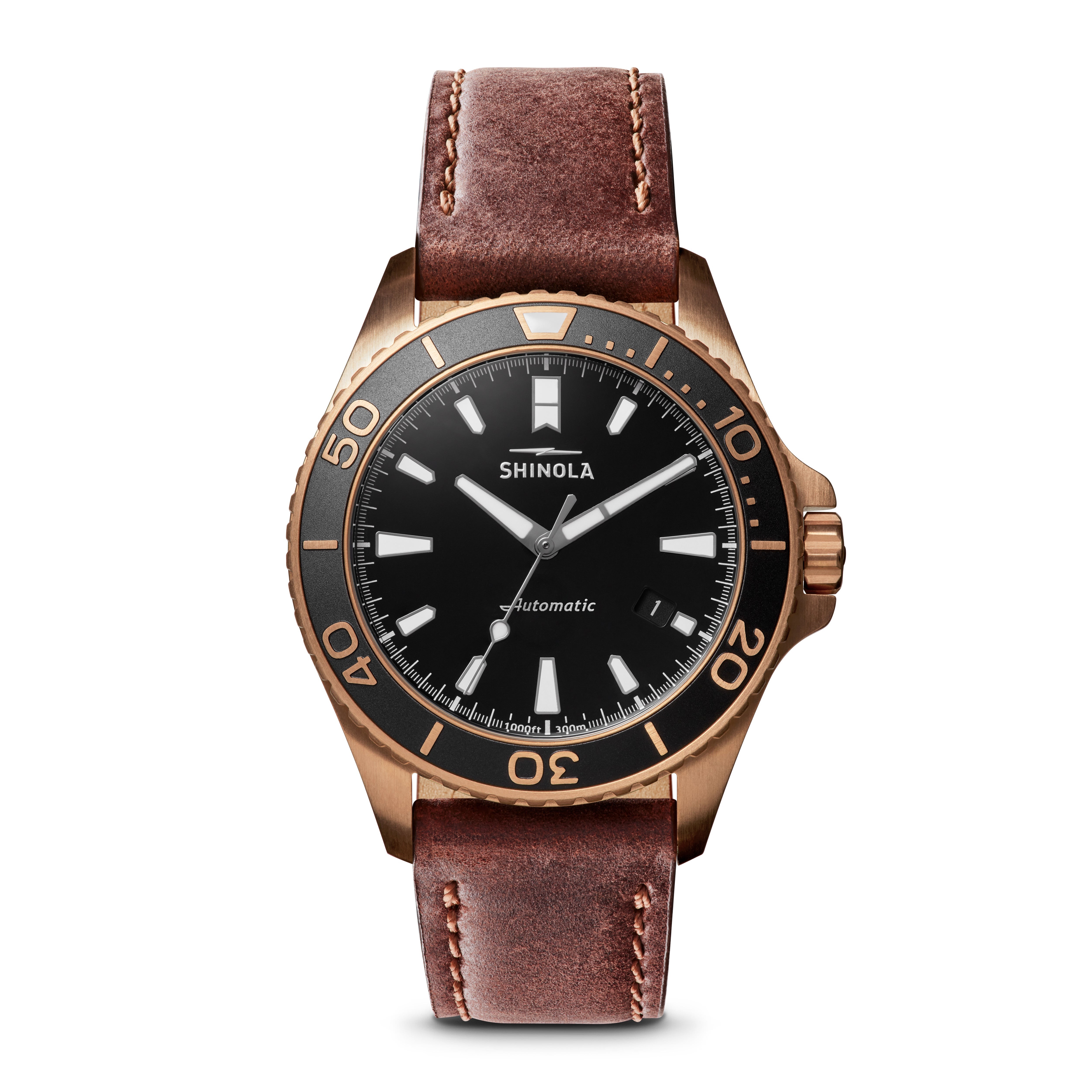 Mens' Bronze Monster Automatic Teak Leather & Khaki Strap Watch, Black Dial