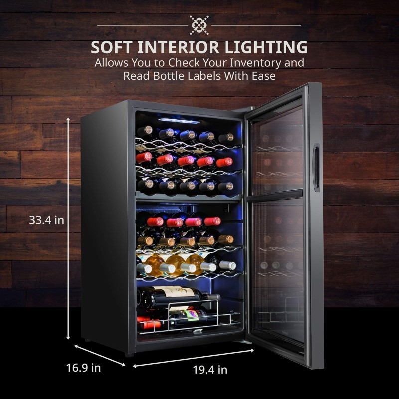 33 Bottle Freestanding Wine Refrigerator, Dual Zone Wine Fridge with Lock, Black