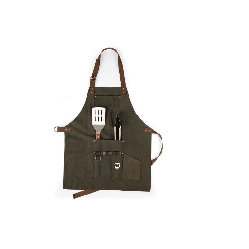 BBQ Apron with Tools & Bottle Opener, (Khaki Green with Beige Accents)
