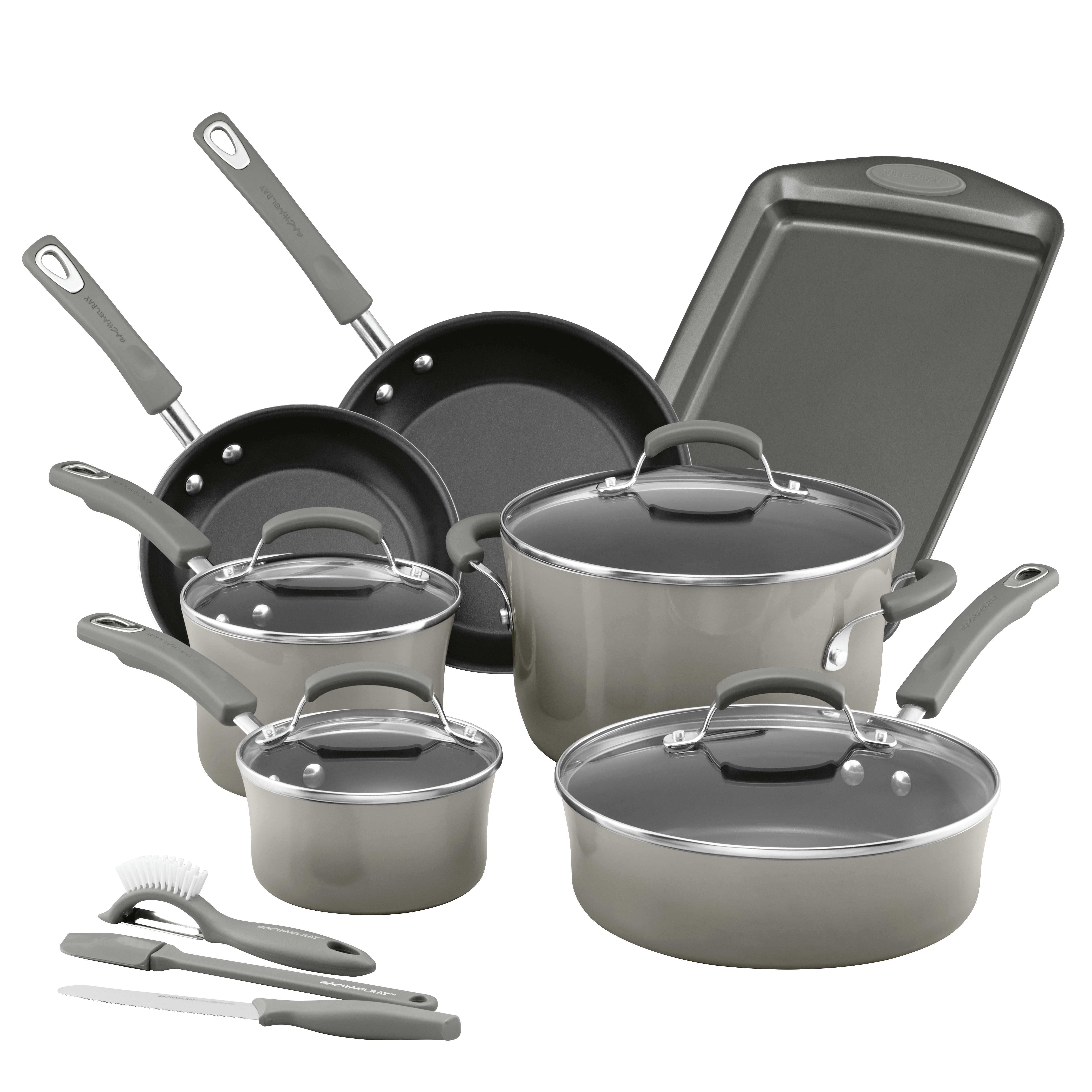 14pc Hard Enamel Nonstick Cookware Set Sea Salt Gray