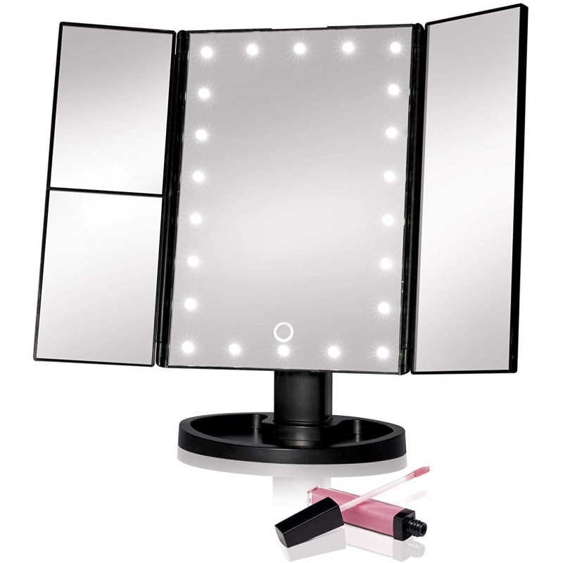 Tri Fold LED Makeup Mirror - (Black)