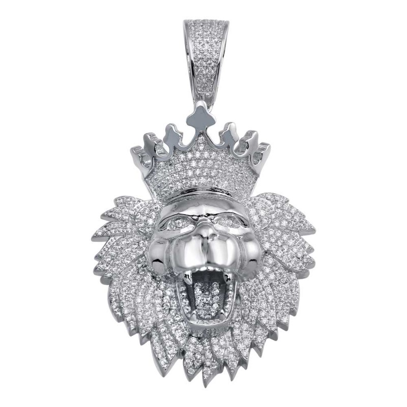 Mens Rhodium Plated CZ Crowned Lion Hip Hop Pendant with Chain - (Sterling Silver)