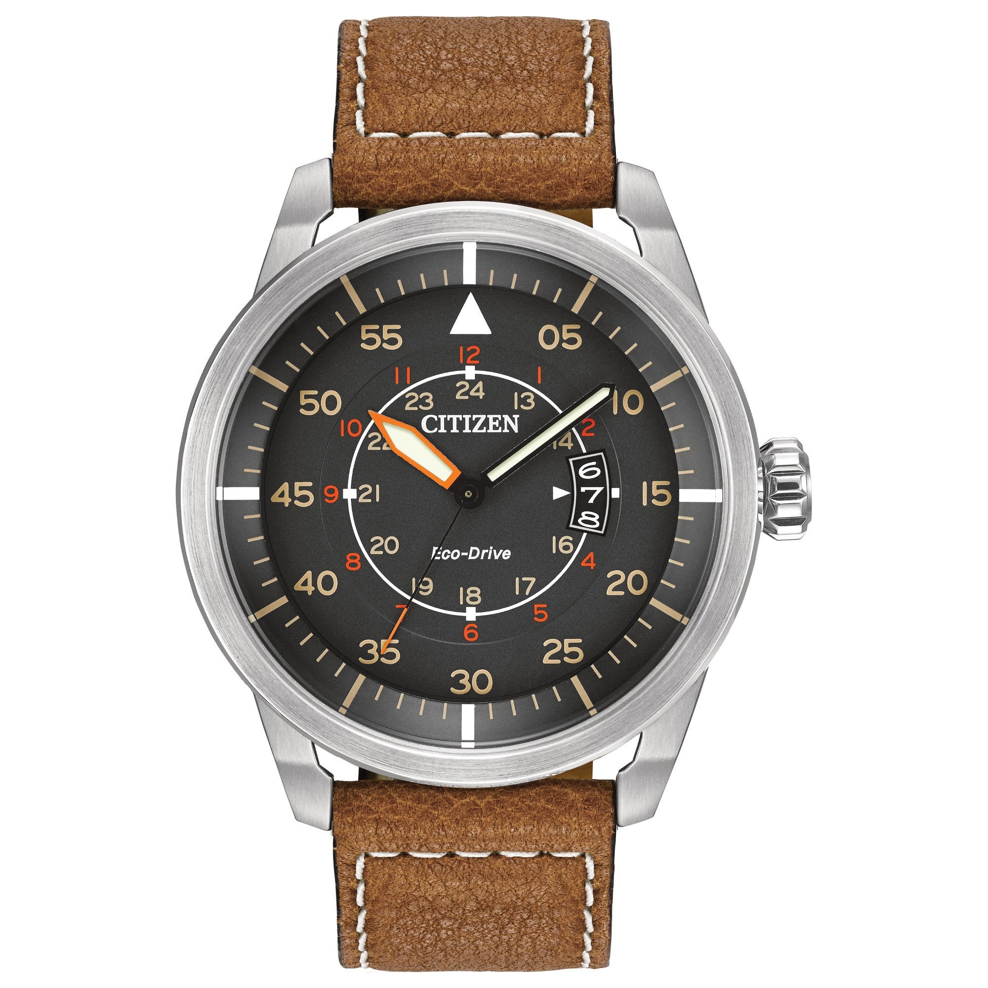 Mens Avion Eco-Drive Brown Leather Strap Watch Dark Gray Dial