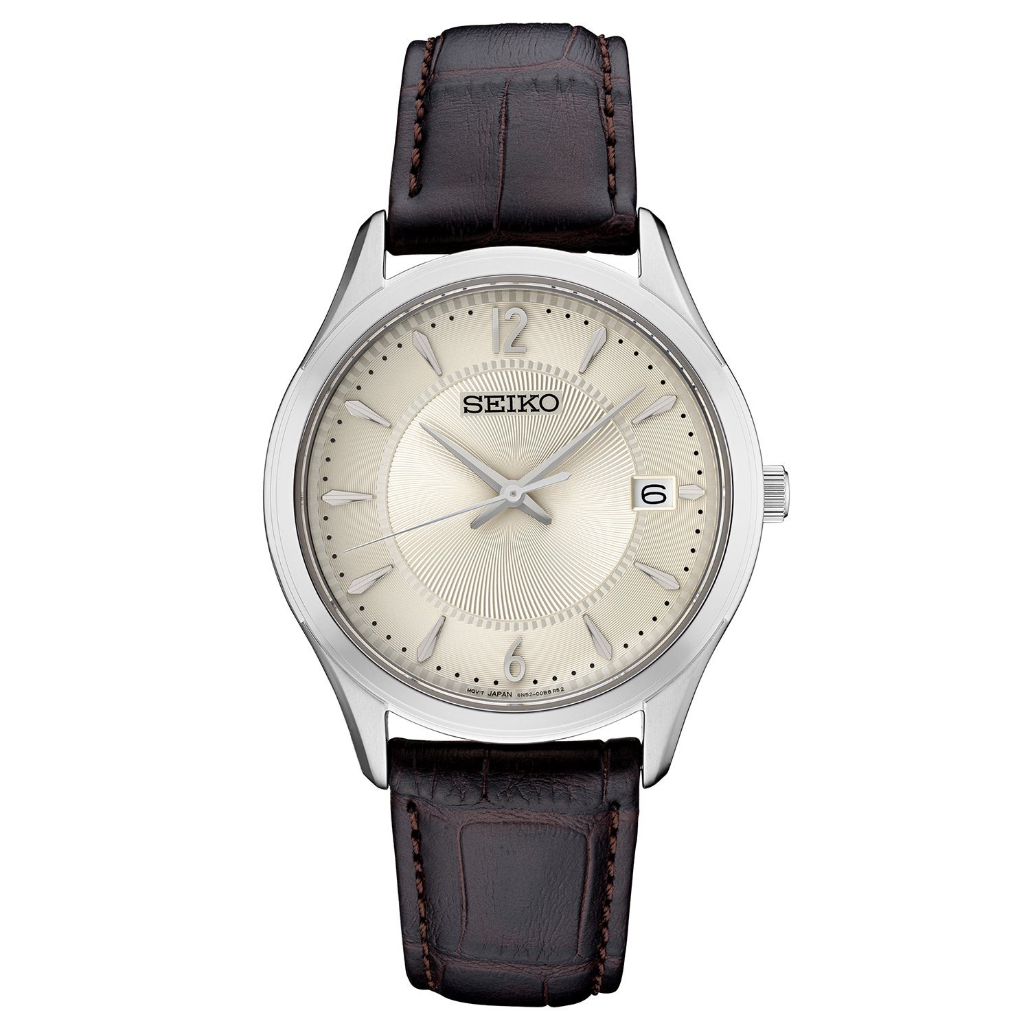 Mens Essentials Silver & Brown Leather Strap Watch White Dial