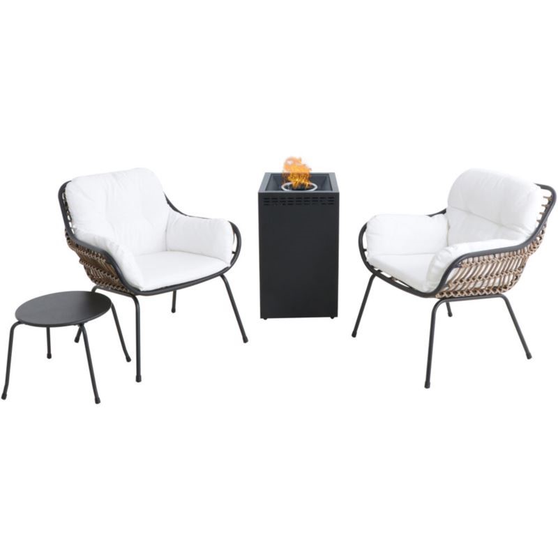 Bali 4-Piece Chat Set with White Cushions and 40000 BTU Column Fire Pit