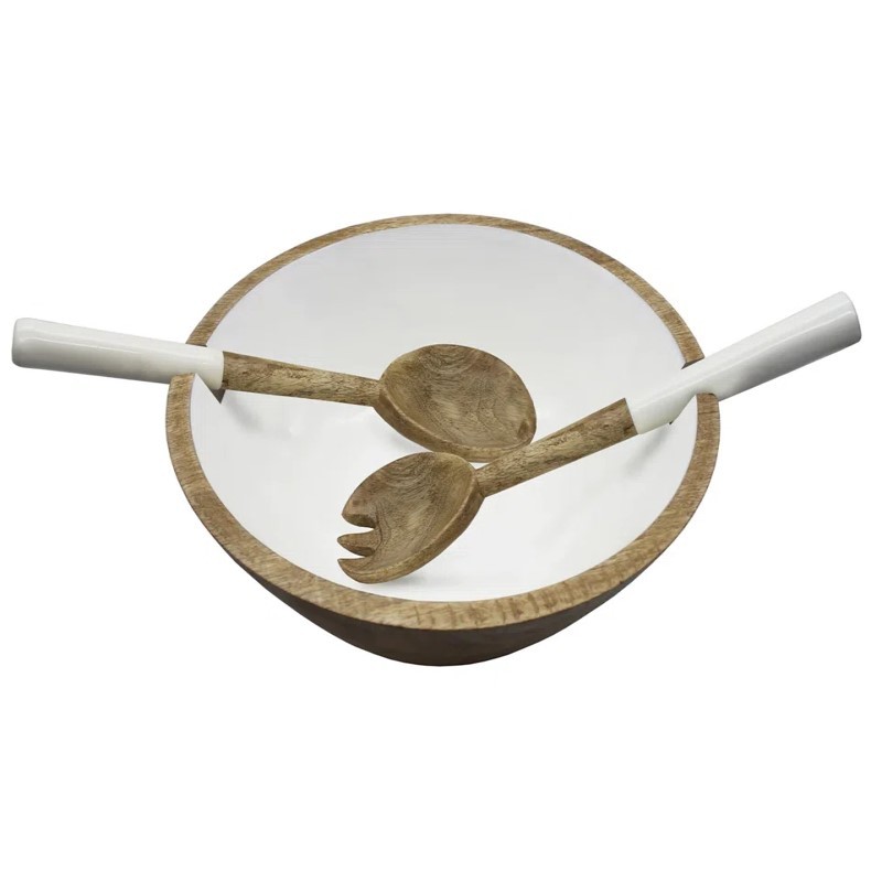 Wood & Gold Enamel Salad Bowl with Servers