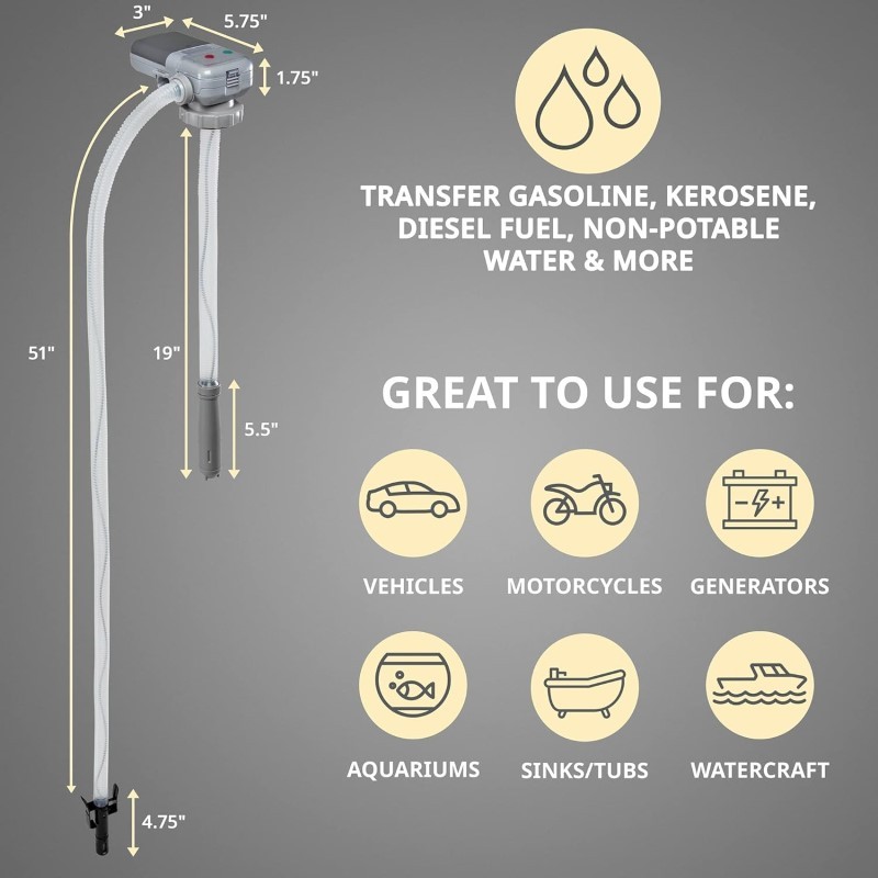 Automatic Fuel Transfer Pump with Auto-Stop, AA Battery Powered, Long Hose, Fits All Size Cans