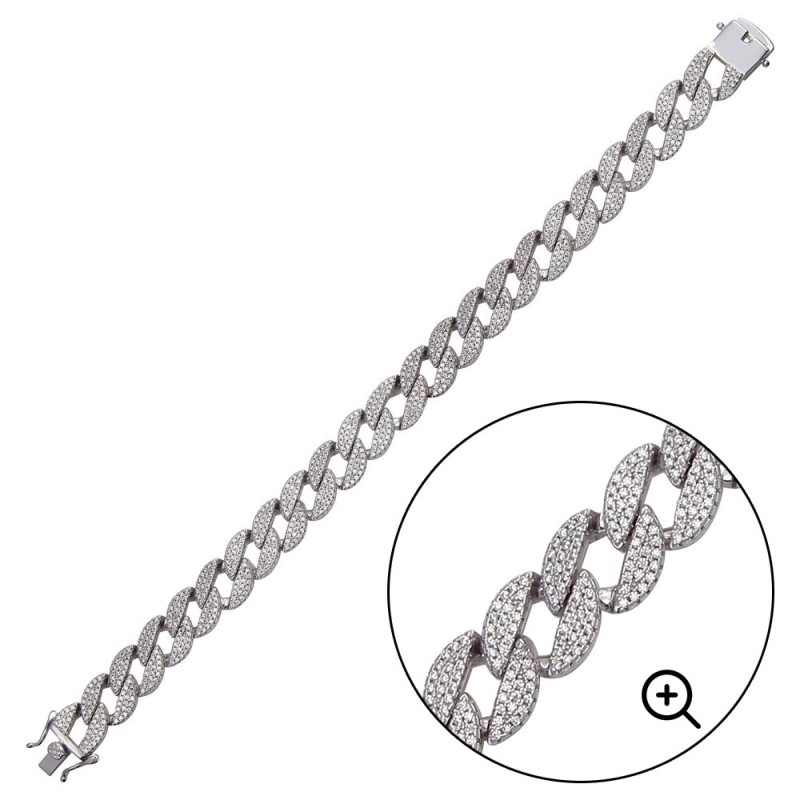Rhodium Plated CZ Round Curb Bracelet - (Sterling Silver)