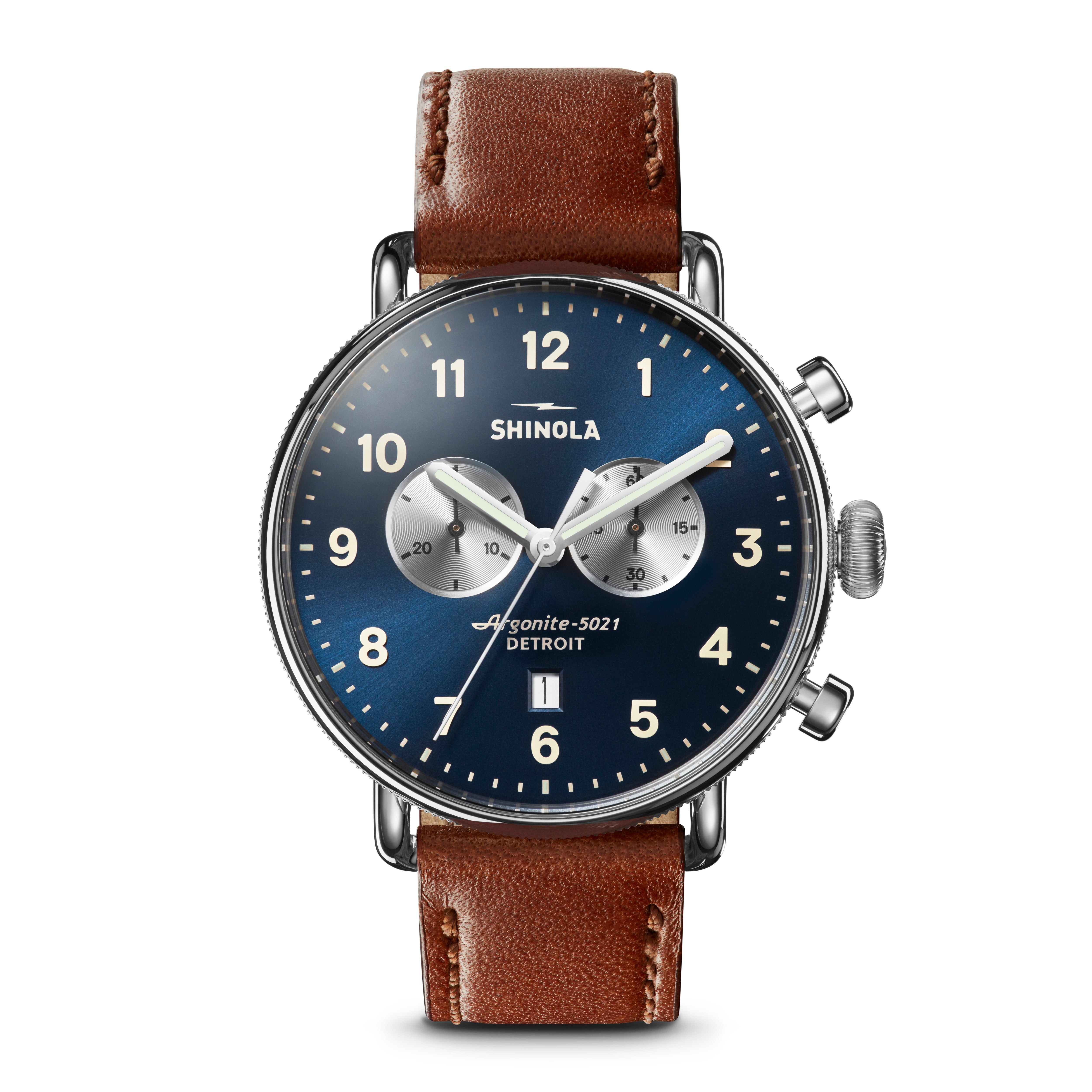 Men's Canfield Chrono Dark Cognac Leather Strap Watch, Midnight Dial