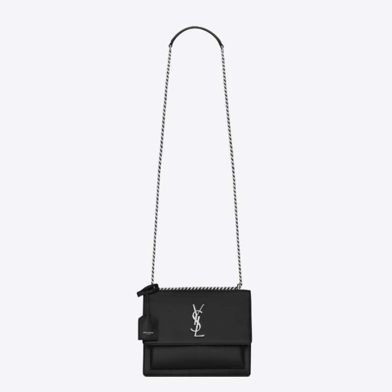 Sunset Medium Chain Bag in Smooth Leather with Silver Tone Trim - (Black)