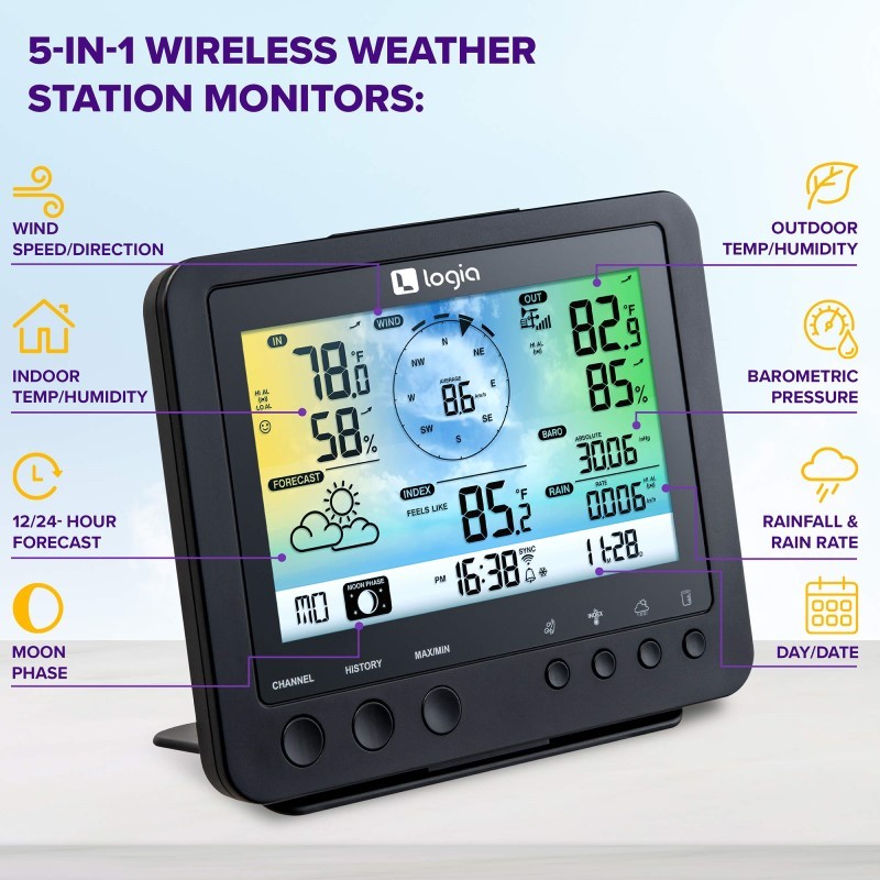 5-in-1 WiFi Weather Station w/Forecast Data, Alarm, and More, Indoor/Outdoor Weather Station