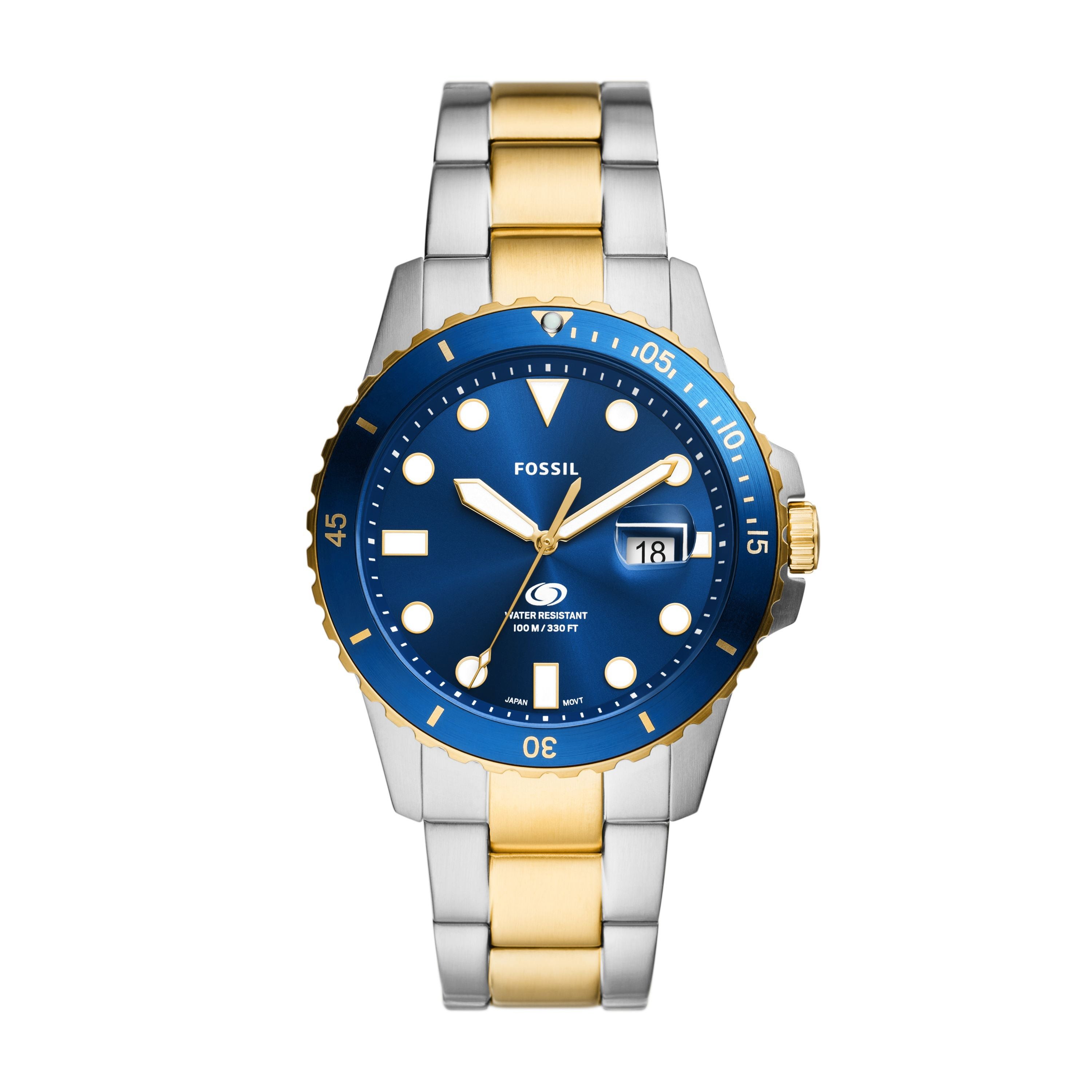 Men's Fossil Blue Dive Two-Tone Stainless Steel Watch, Blue Dial