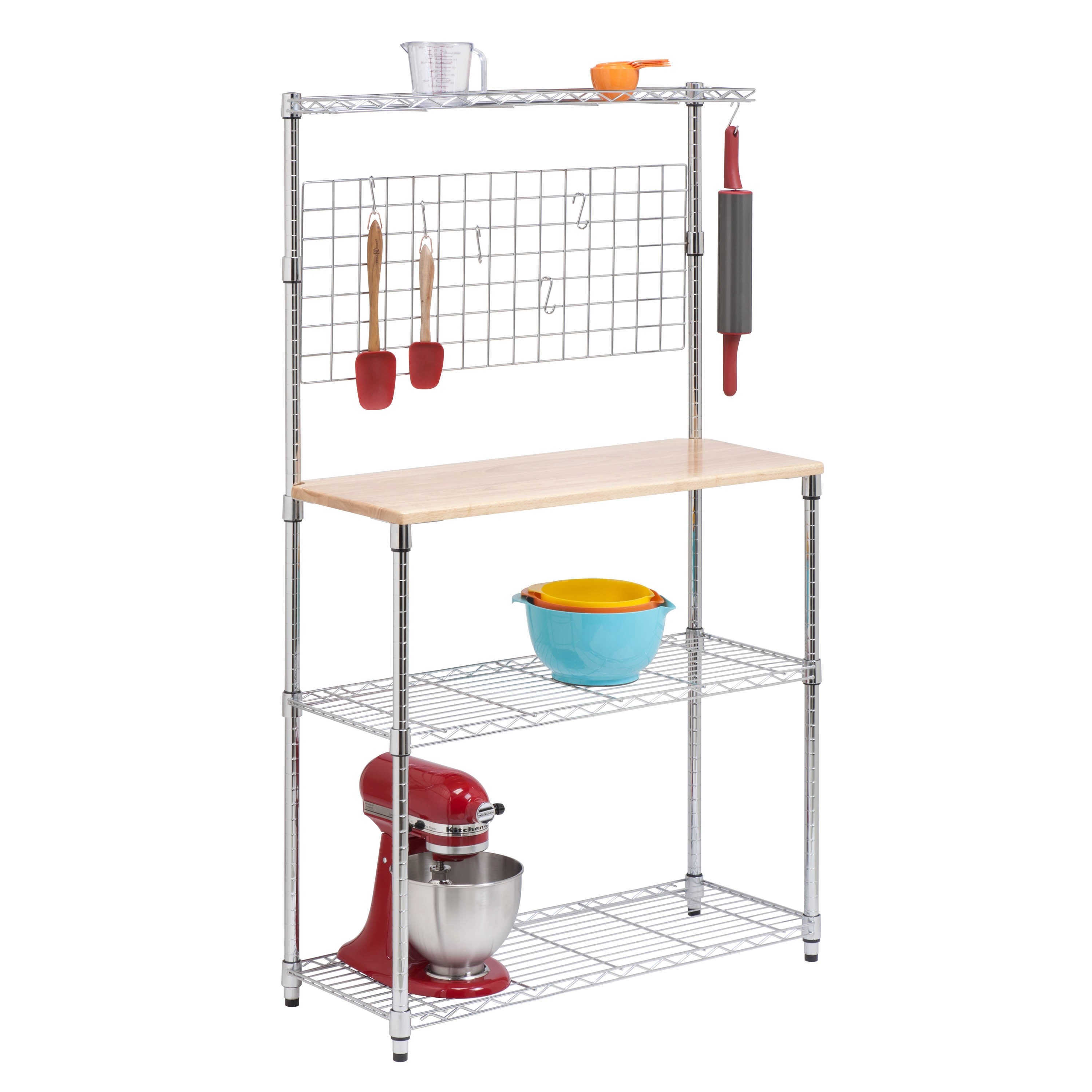 Chome 4-Tier Baker's Rack w/ Hanging Grid Storage