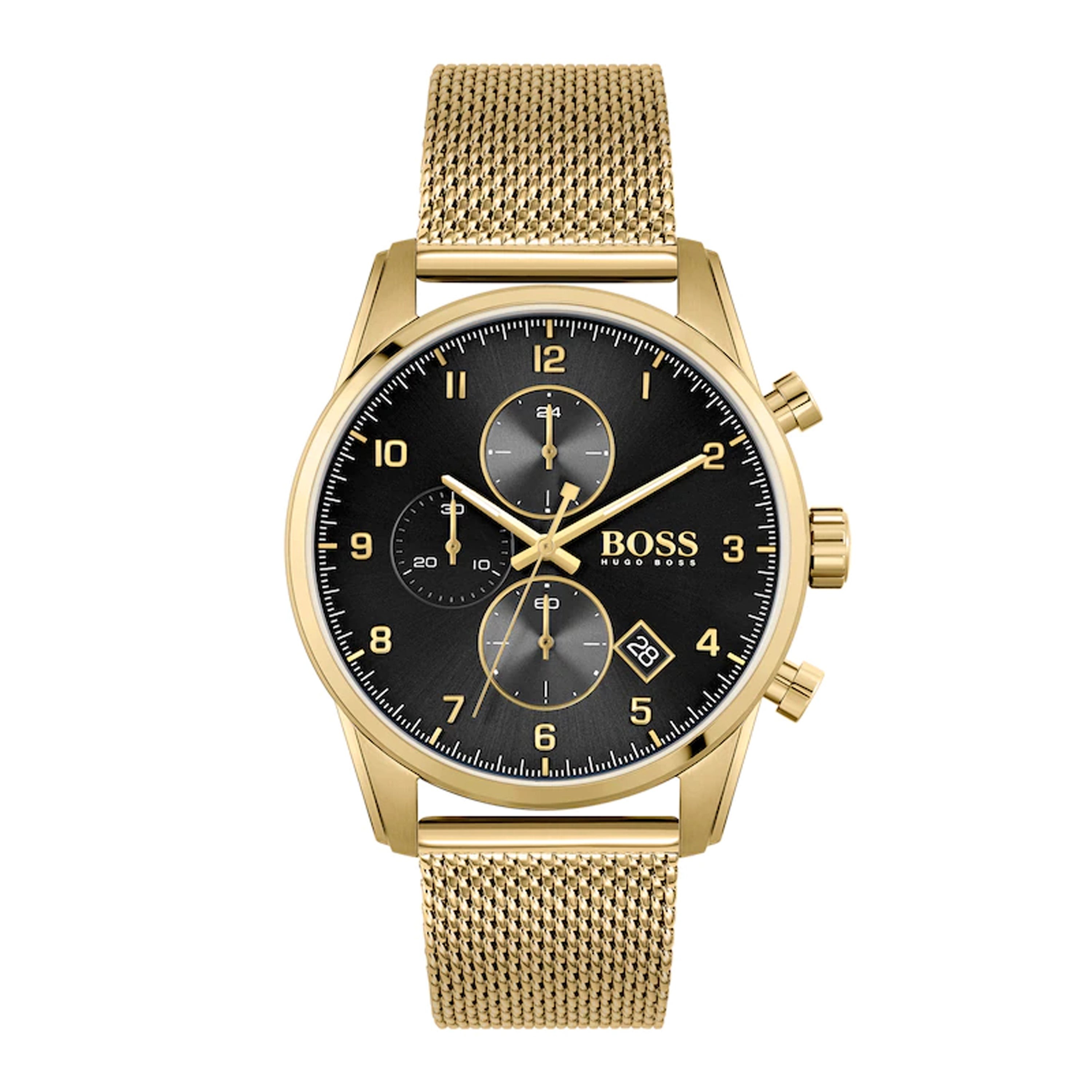 Mens Skymaster Gold-Tone Stainless Steel Mesh Watch Black Dial