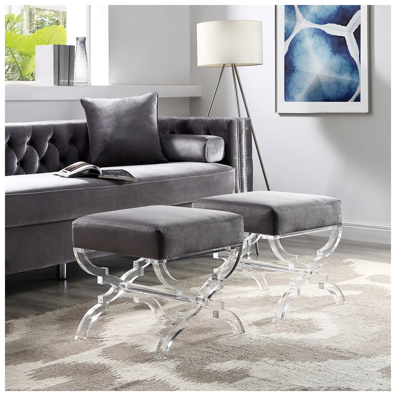 Giselle Velvet Acrylic X-Leg Ottoman - (Grey)