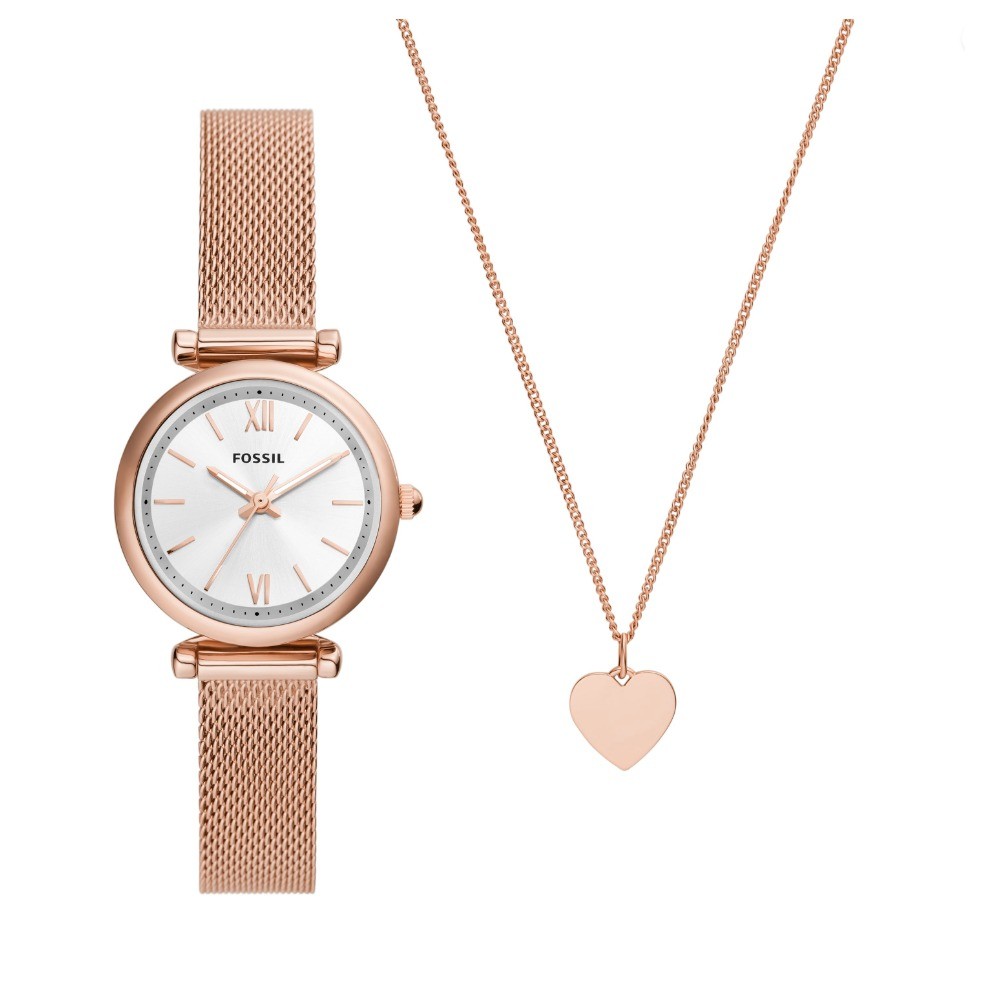 Carlie Three-Hand Rose Gold-Tone Stainless Steel Mesh Watch and Necklace Box Set