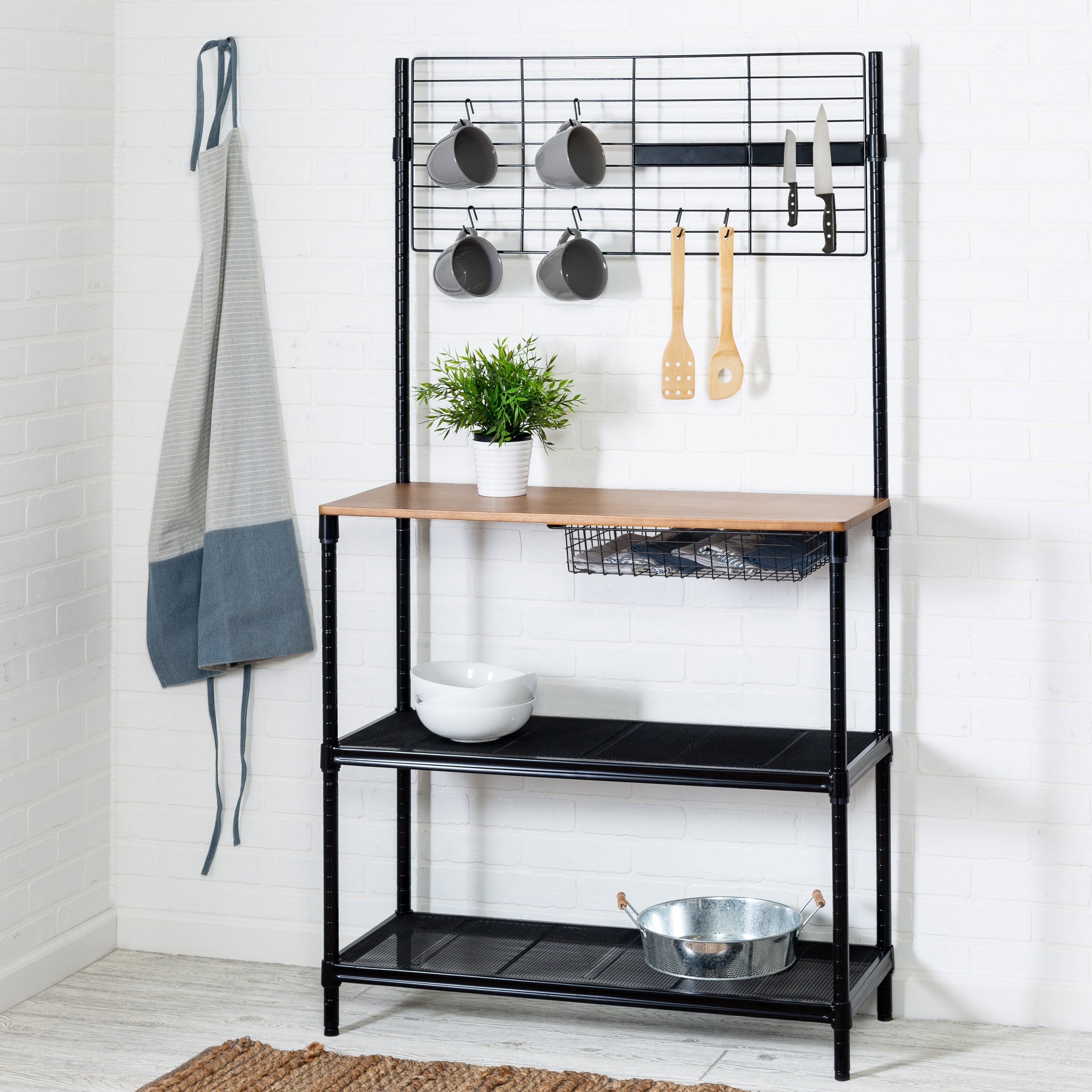 65" Bakers Rack w/ Cutting Board and Hanging Storage Black