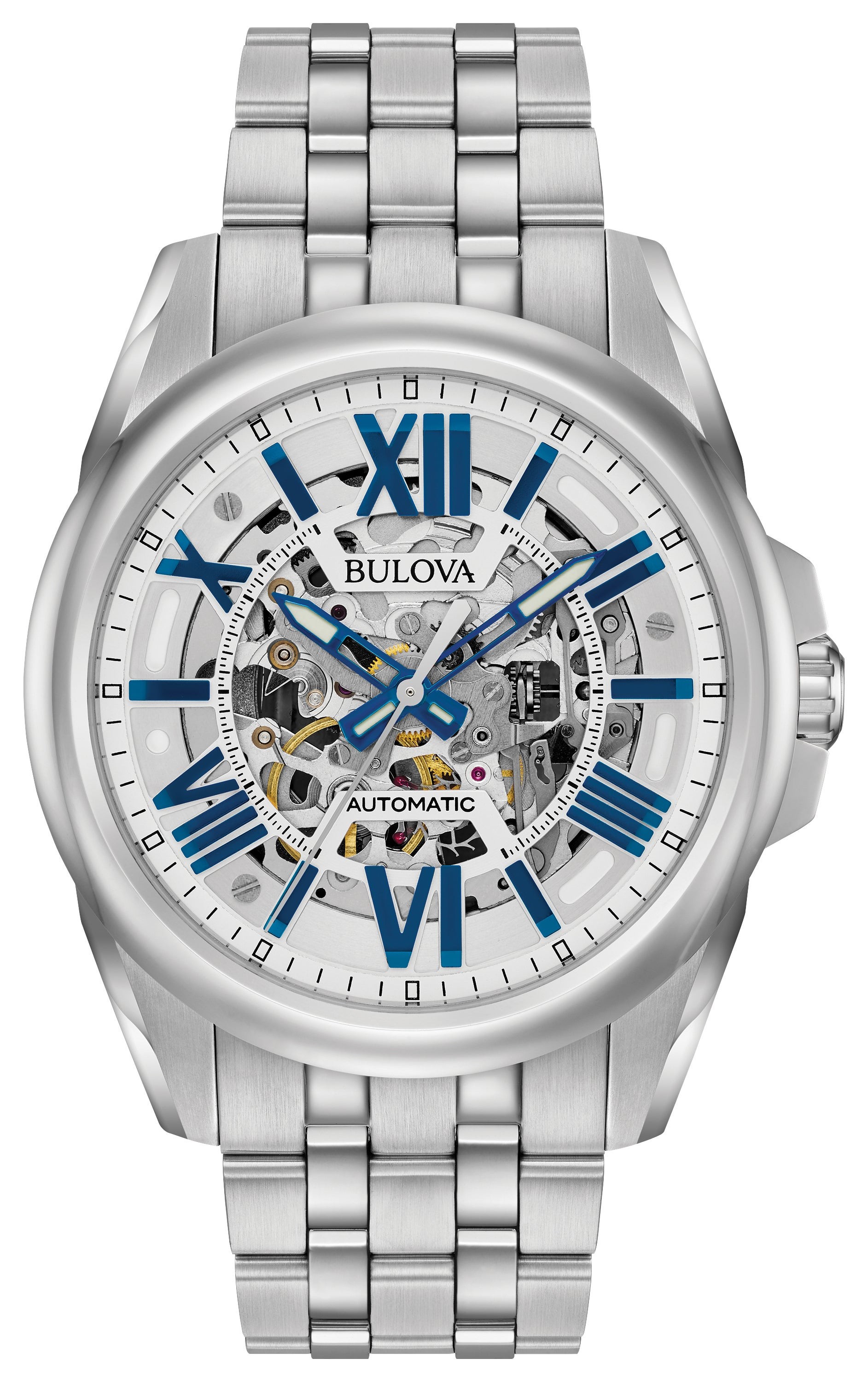 Mens Automatic Silver Stainless Steel Watch Skeleton Dial