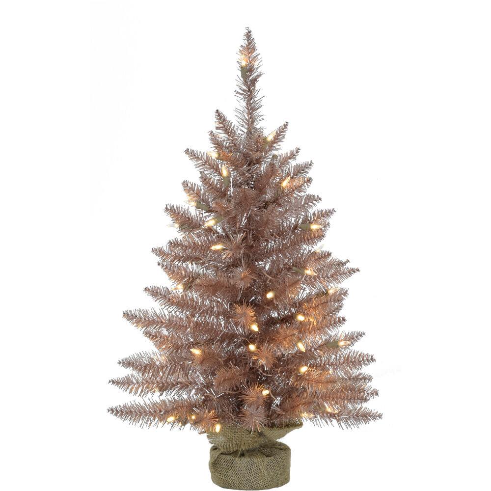 3ft Festive Tinsel Christmas Tree with Burlap Bag and Warm White LED Lights Blush