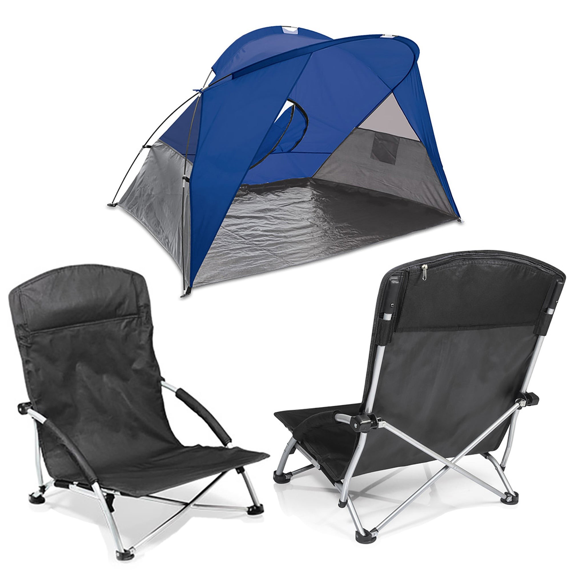 2 Tranquility Chairs Black w/ Portable Beach Tent Blue