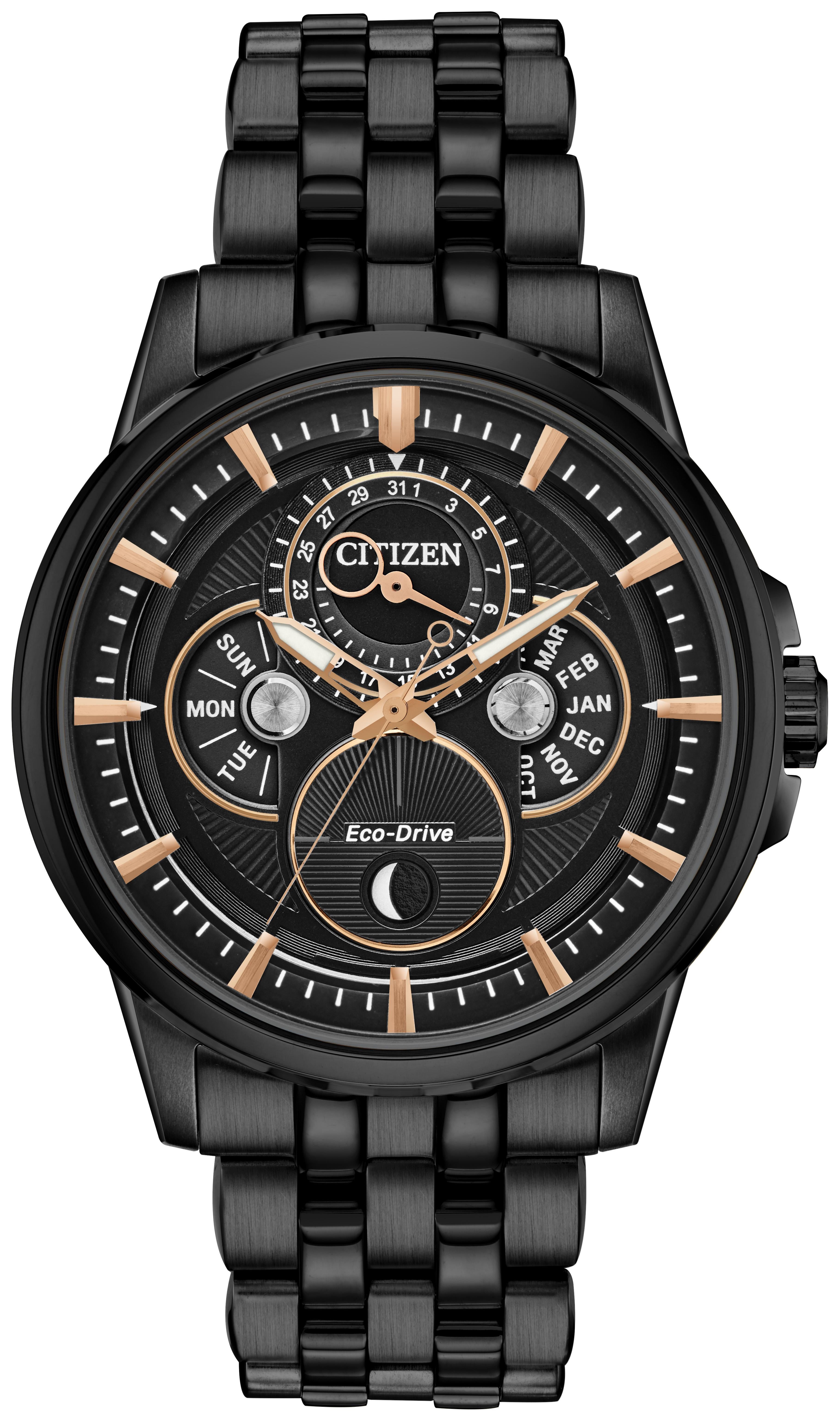 Mens Calendrier Moonphase Eco-Drive Black Ion-Plated Watch Black Dial