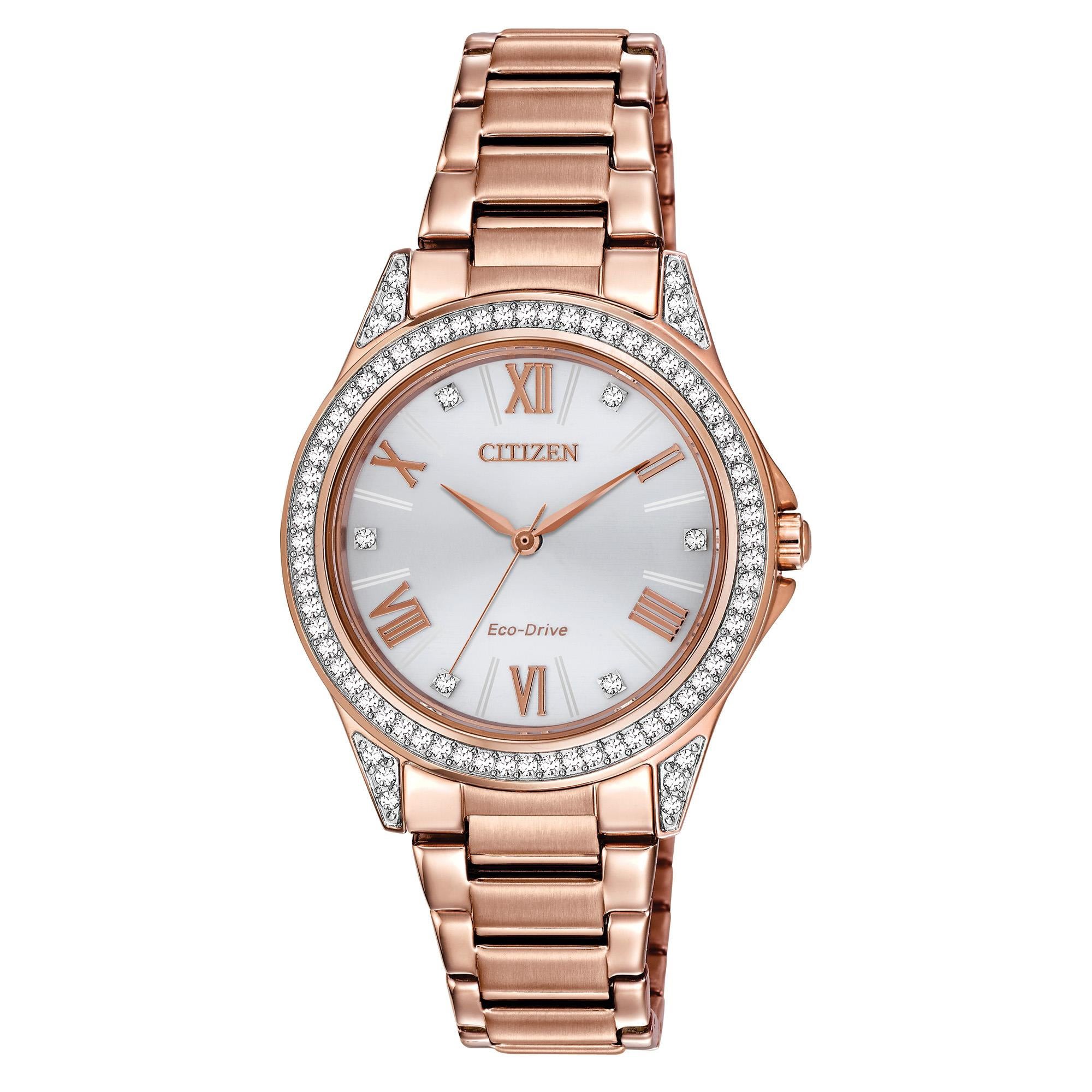 Ladies POV Eco-Drive Crysal Pink Gold-Tone Stainless Steel Watch Silver Dial