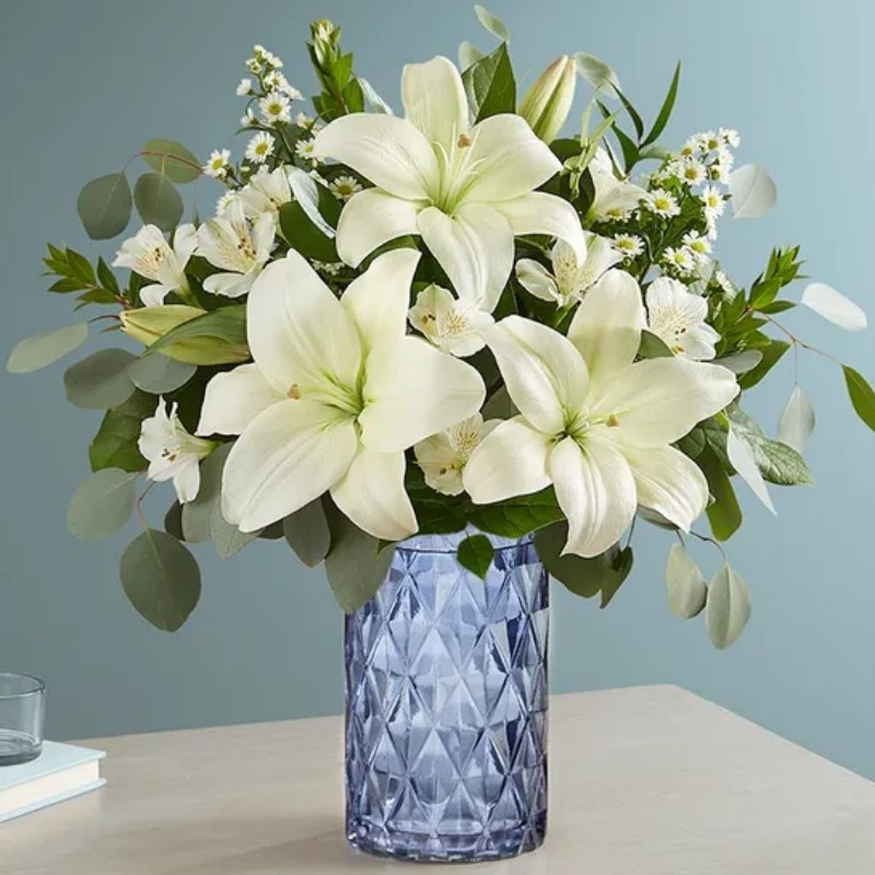 White Lily Bouquet with Blue Modern Vase