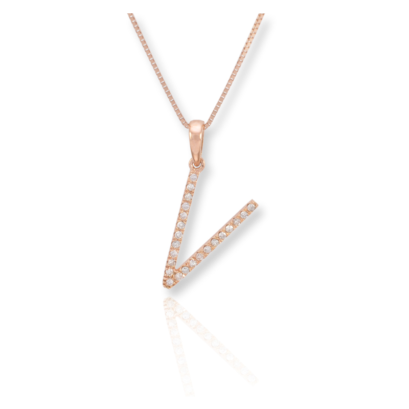 Diamond V Initial Pendant Necklace - (Rose Gold)