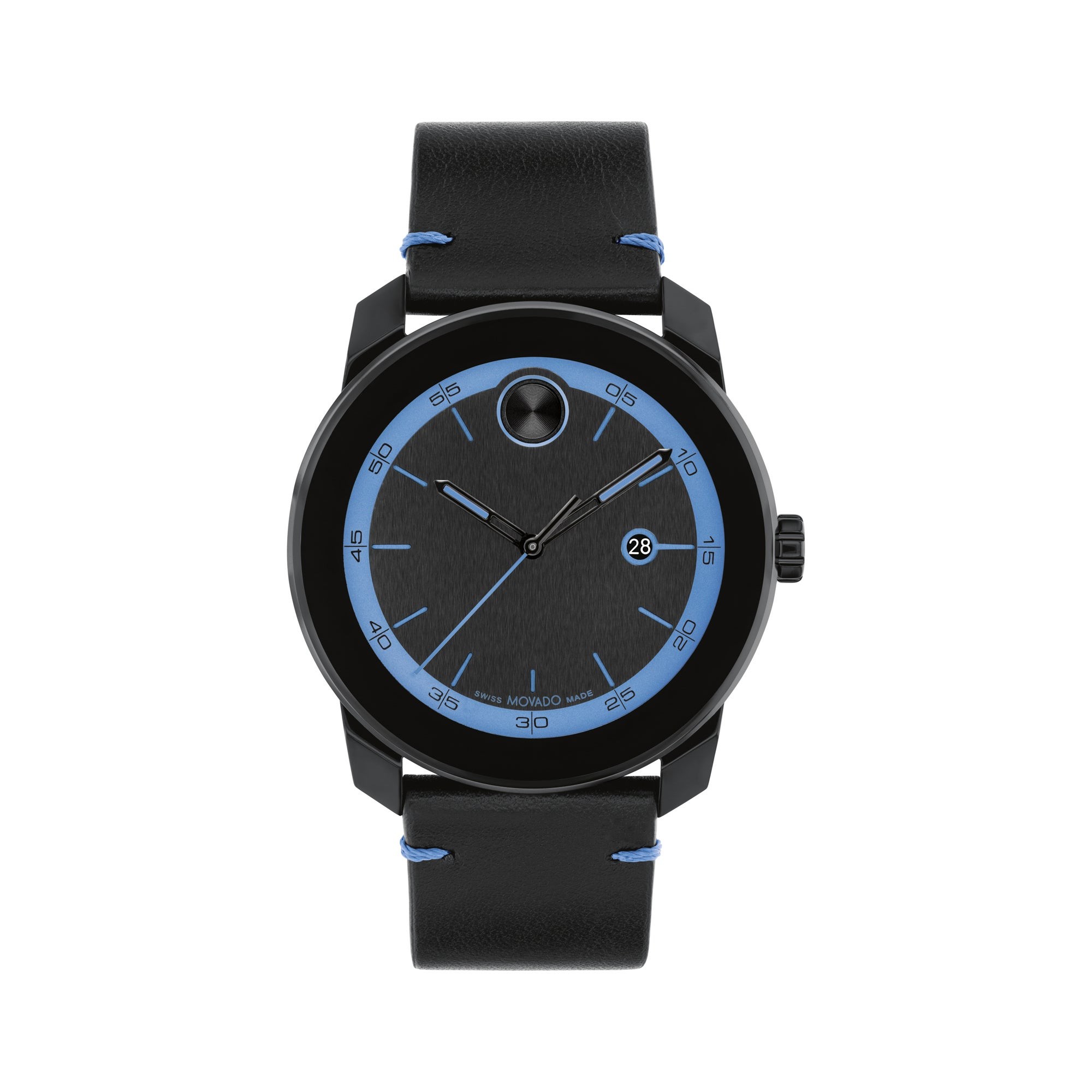 Men's Bold TR90 Blue & Black Leather Strap Watch, Black Dial