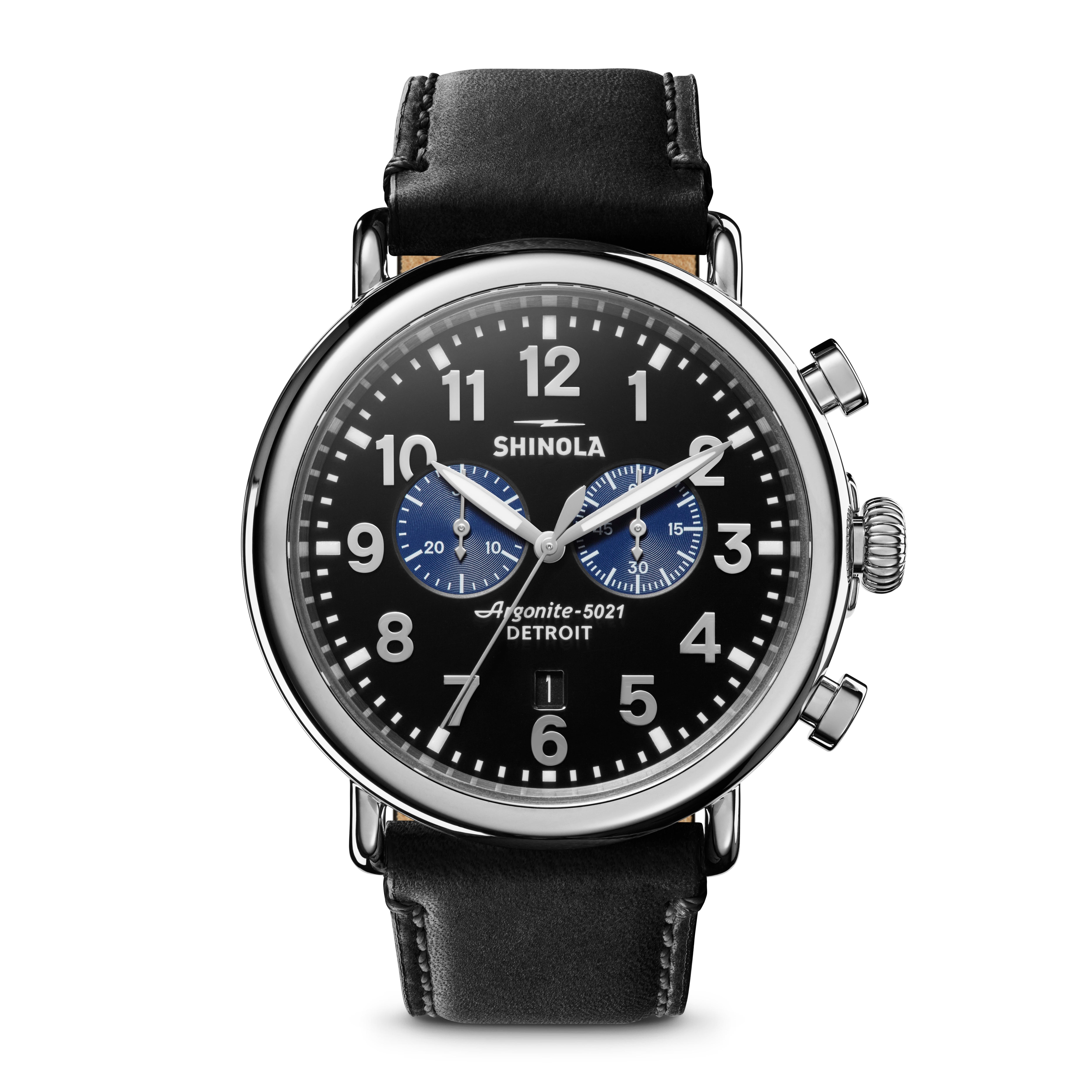 Mens' Runwell Chrono Black Leather Strap Watch, Black Dial