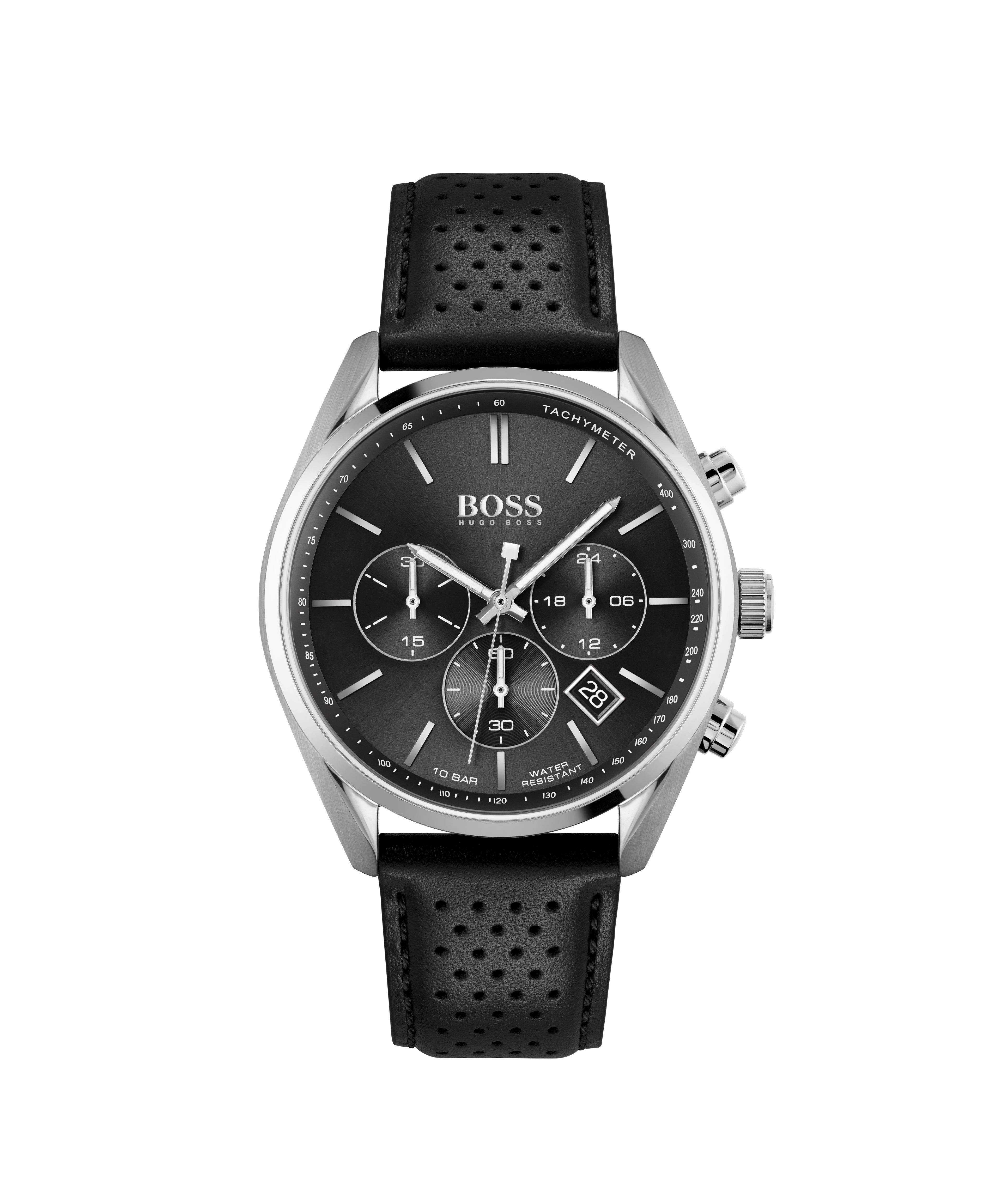 Mens Champion Silver & Black Leather Strap Watch Black Dial