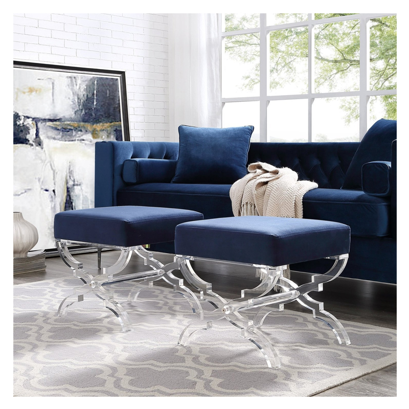 Giselle Velvet Acrylic X-Leg Ottoman - (Navy)