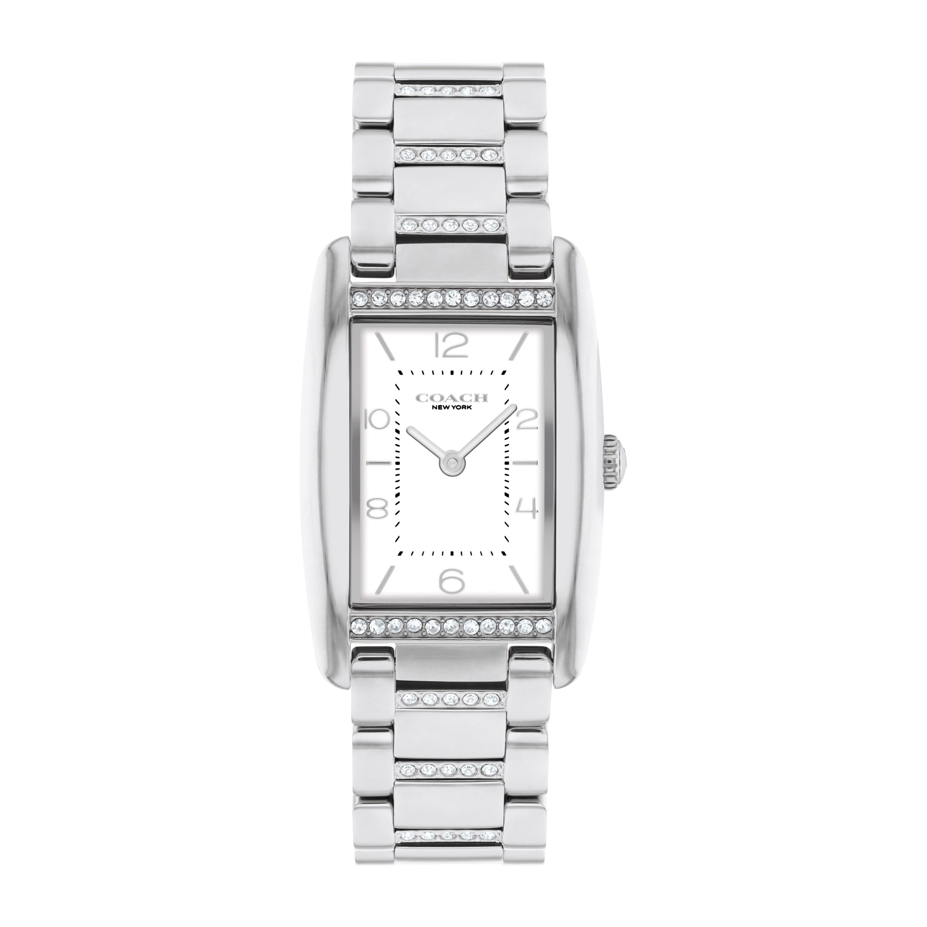 Ladies' Reese Rectangle Silver-Tone Stainless Steel Crystal Watch, White Dial