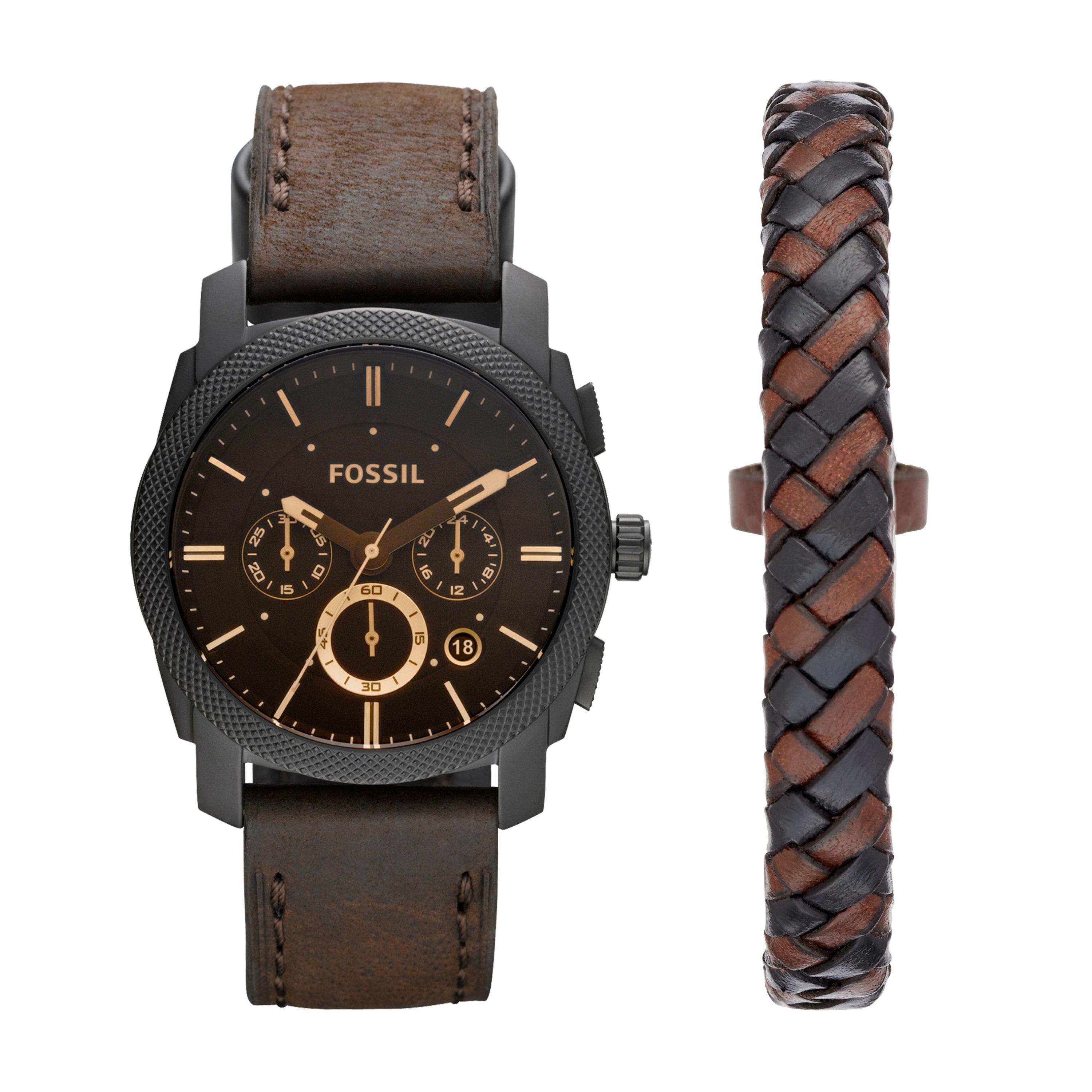 Mens Machine Chronograph Dark Brown Leather Watch & Bracelet Box Set