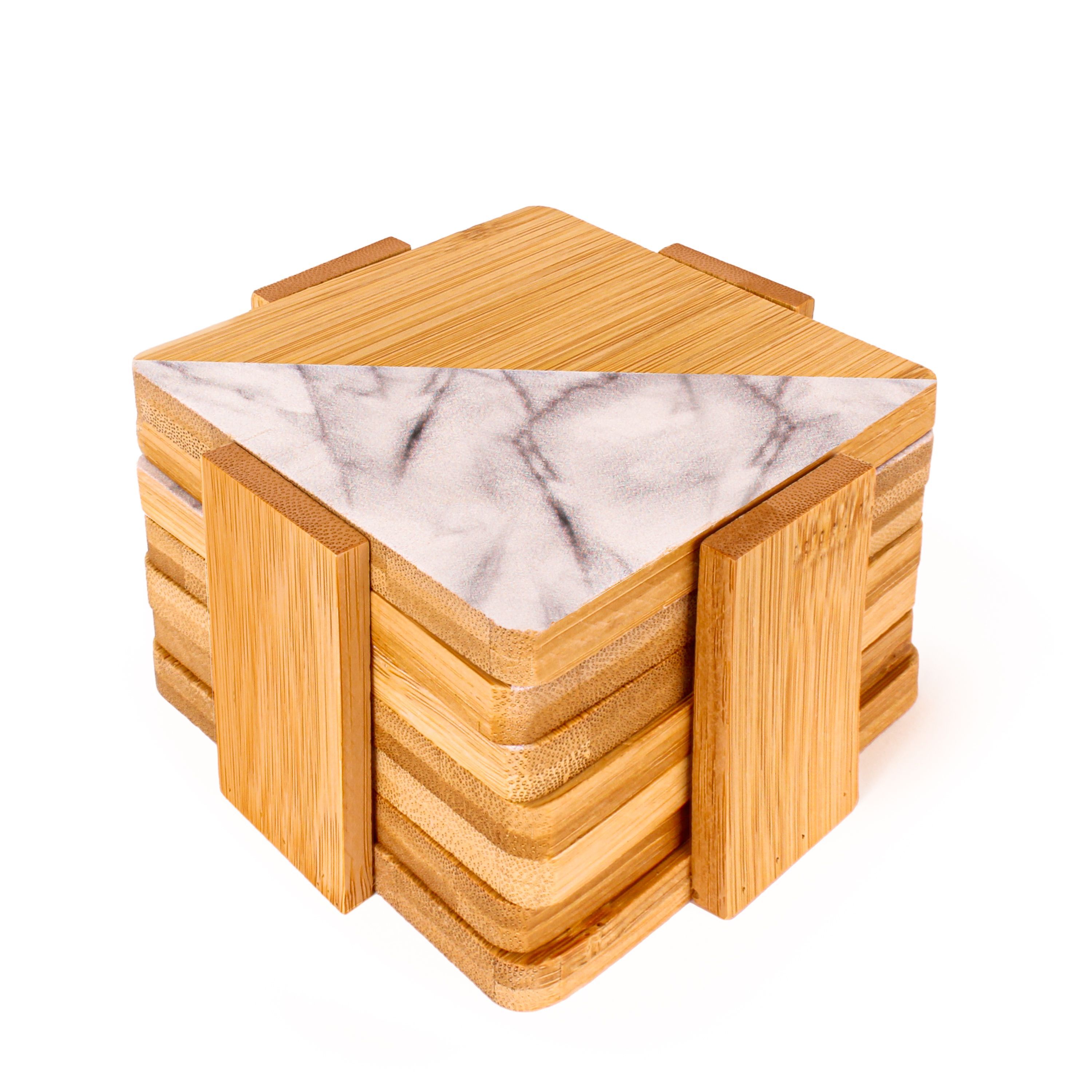 Bamboo & White Coaster Set with holder, Two Tone