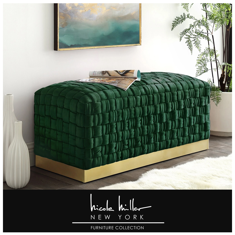 Satine Velvet Hand Woven Bench with Gold Base - (Hunter Green)