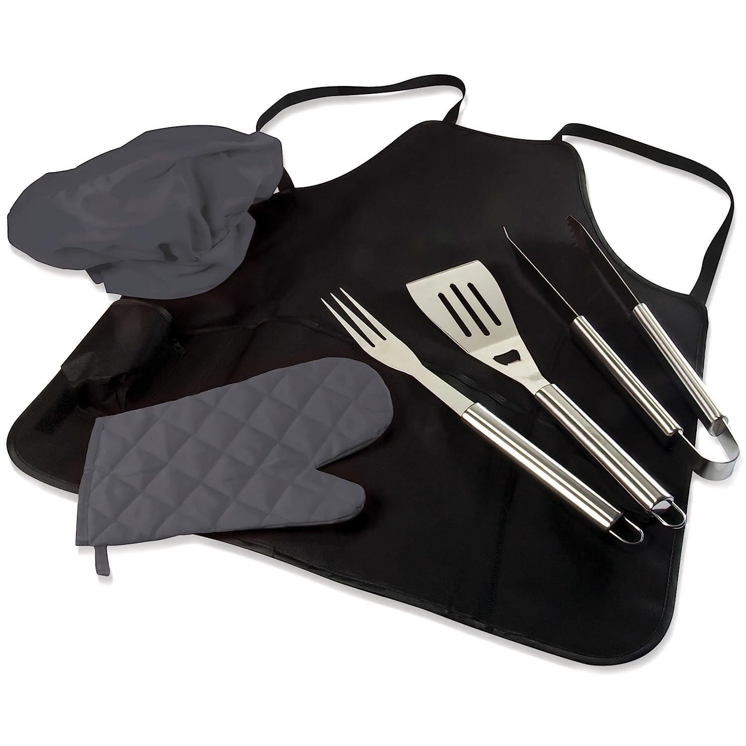 BBQ Apron Tote Pro Grill Set, (Black with Gray Accents)