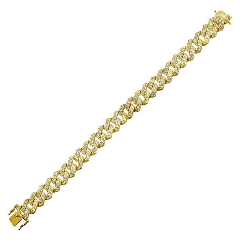 Mens Gold Plated CZ Encrusted Square Miami Cuban Link Bracelet - (Sterling Silver)