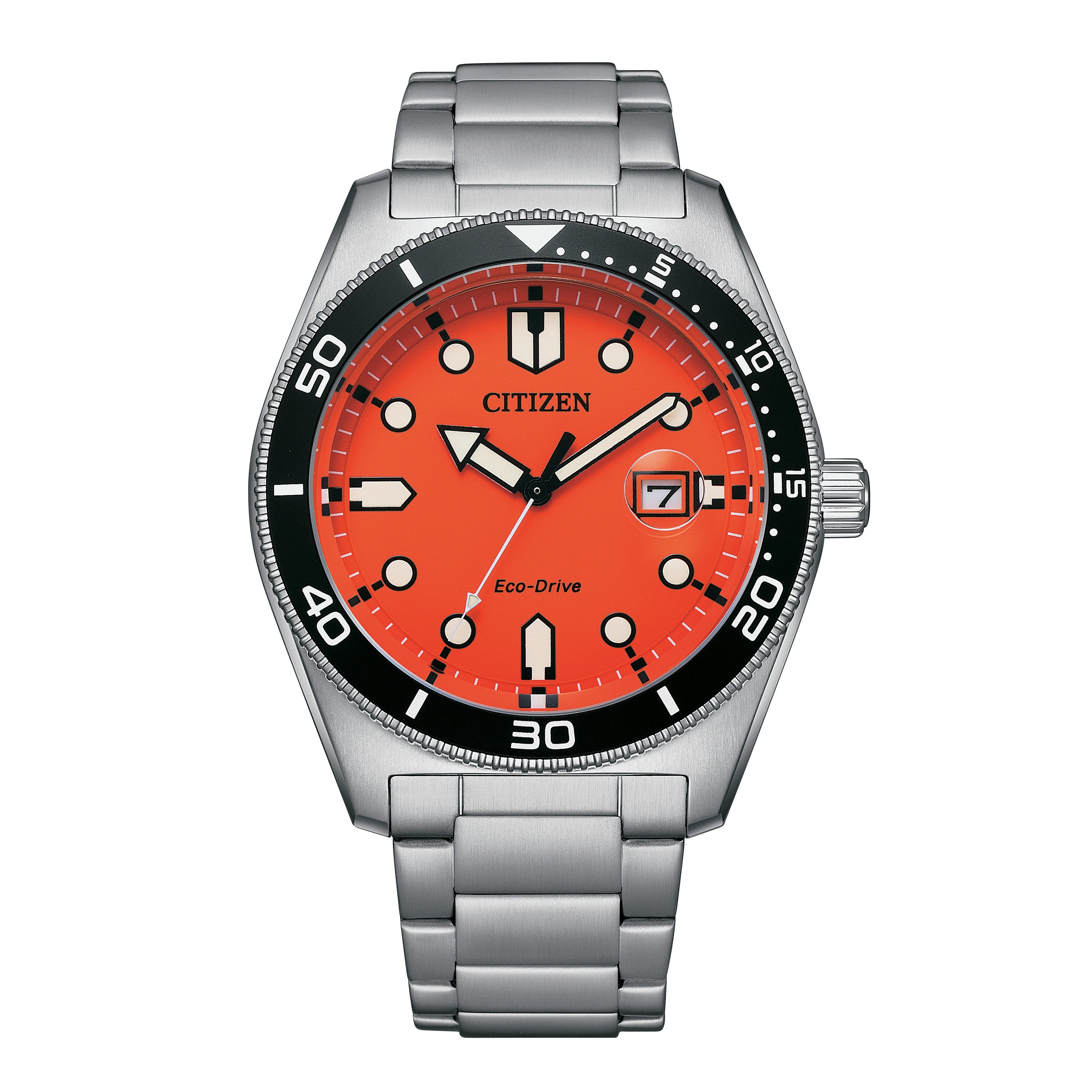 Men's Weekender Eco-Drive Silver-Tone Stainless Steel Watch, Orange Dial