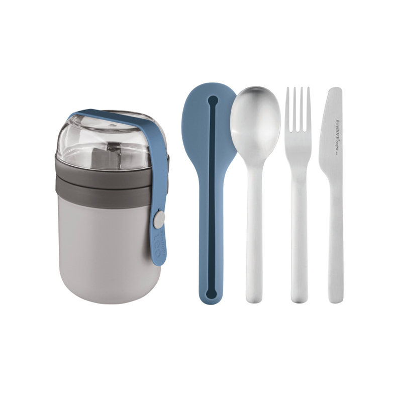 Leo To-Go Set: Dual Lunch Box and Flatware Set - (Grey and Blue)