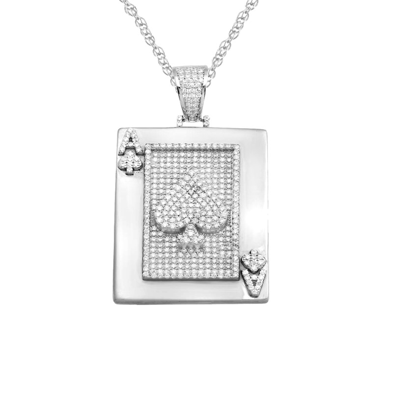 Mens Rhodium Plated CZ Ace of Spade Hip Hop Pendant with Chain - (Sterling Silver)