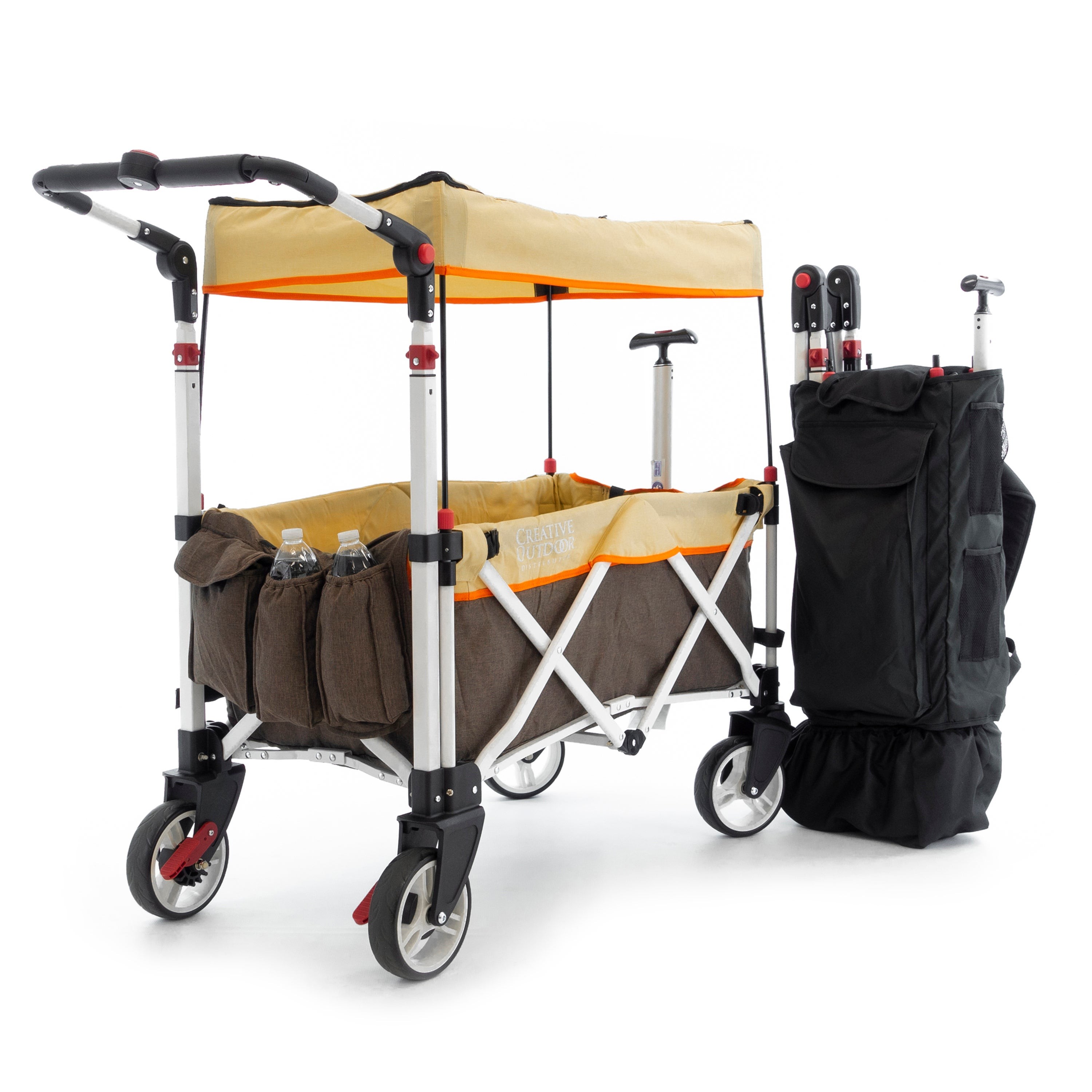 Pack & Push Compact Stroller Wagon w/ Canopy Brown & Orange