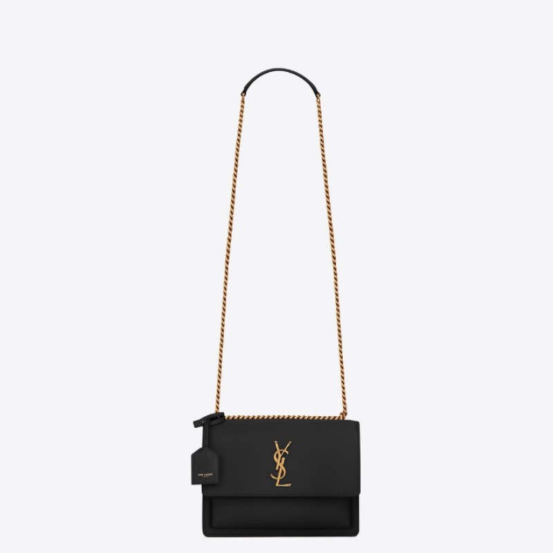 Sunset Medium Chain Bag in Smooth Leather with Gold Tone Trim - (Black)