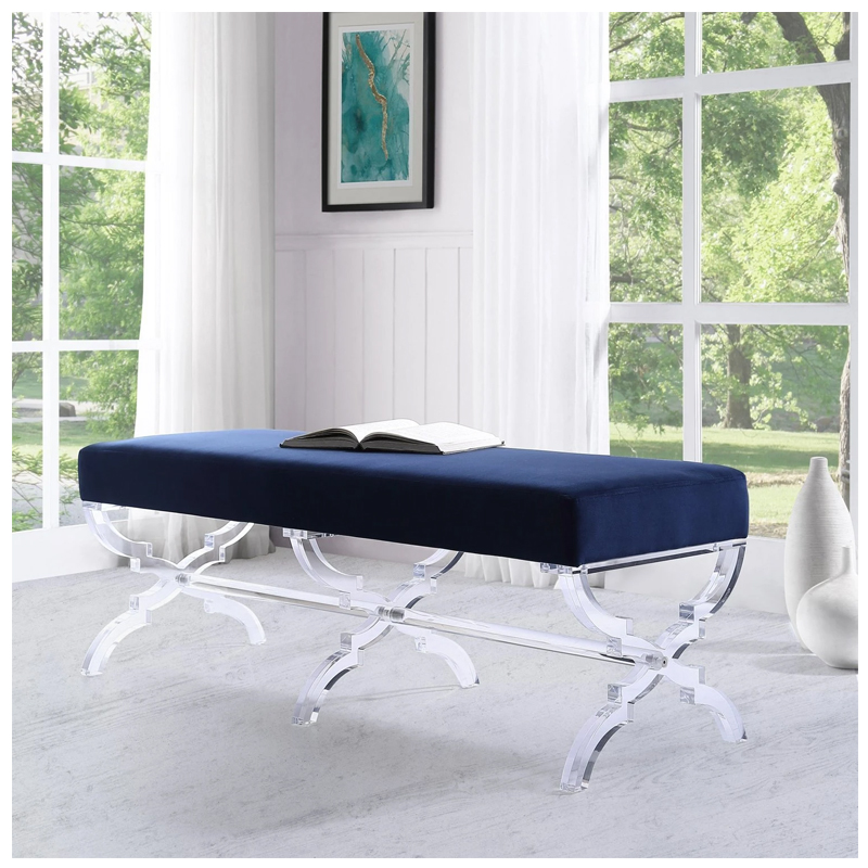 Giselle Velvet Acrylic X-Leg Bench - (Navy)