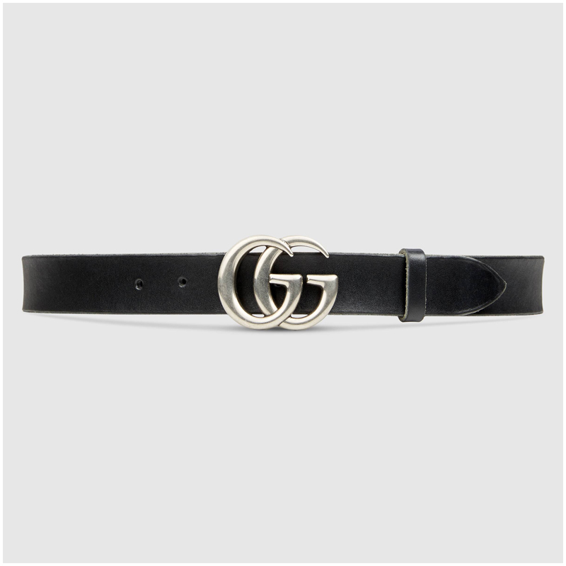 Leather Belt with GG Buckle - (Silver) - (Size 38 -1.5 W)