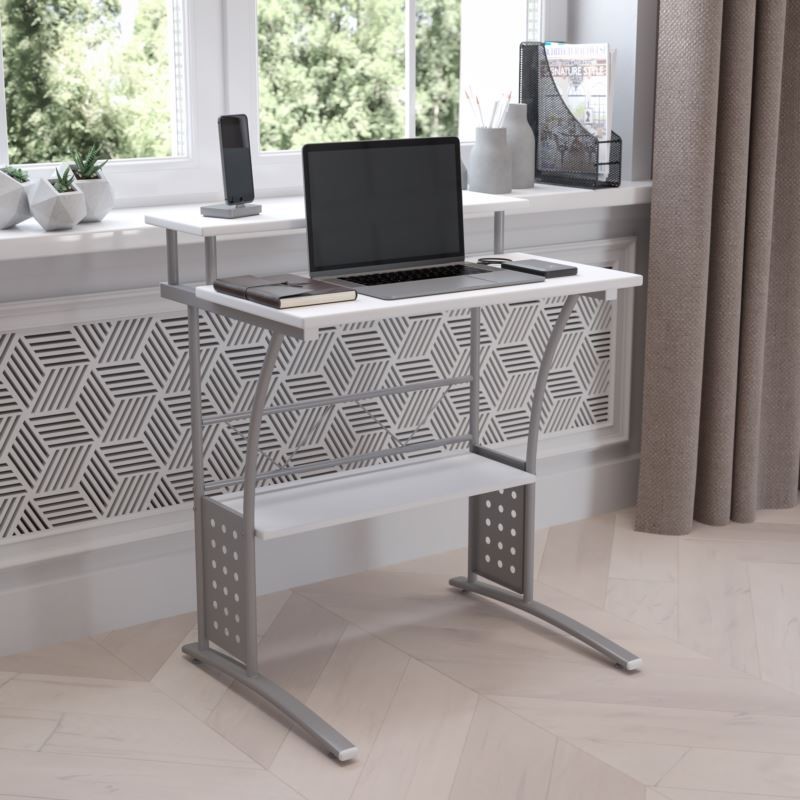 White Computer Desk with Perforated Side Paneling and Raised Monitor Shelf