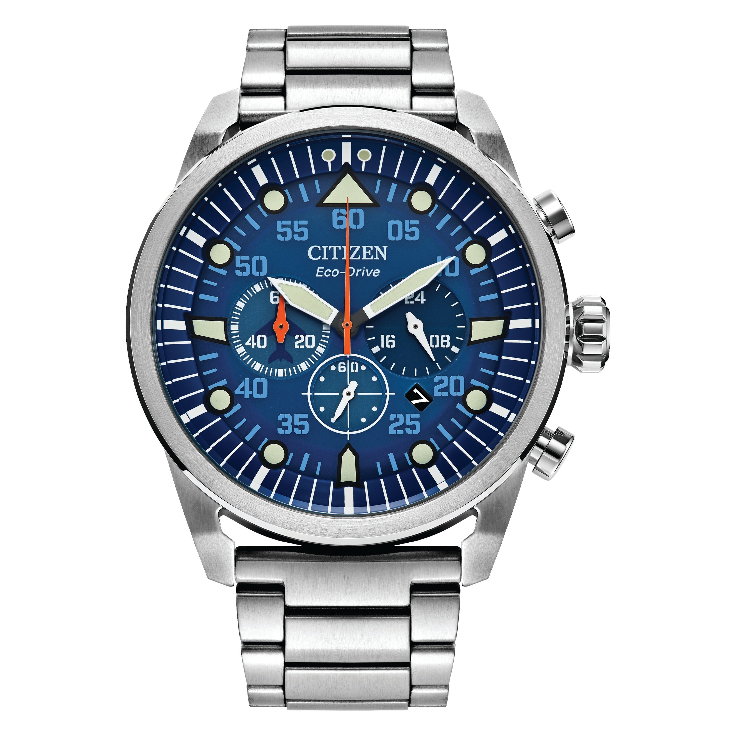 Men's Avion Sport Eco-Drive Silver-Tone Chronograph SS Watch, Blue Dial